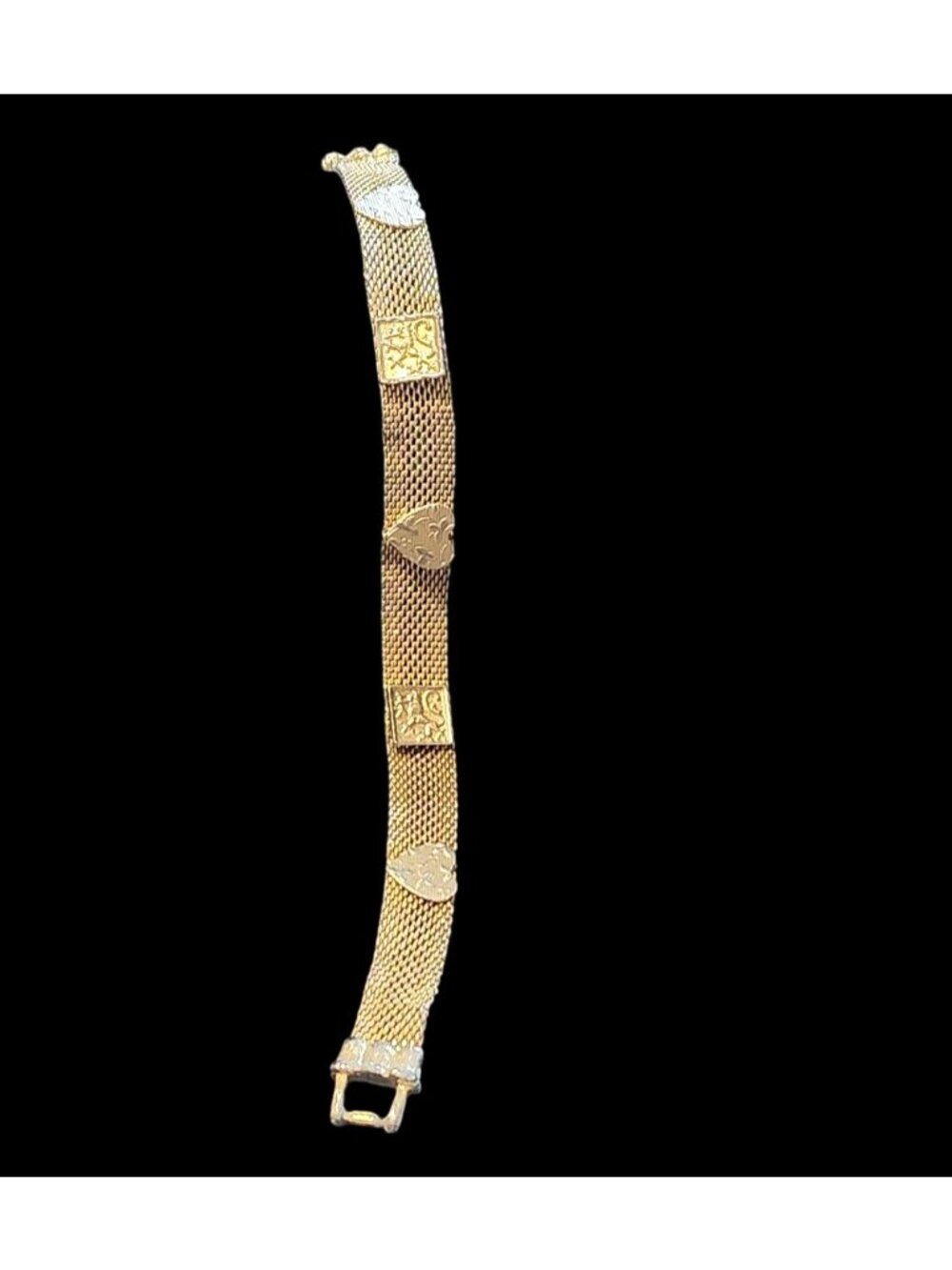 Vintage Gold Tone Mesh Bracelet With Etched Hearts & Squares Buckle Closure Uniq